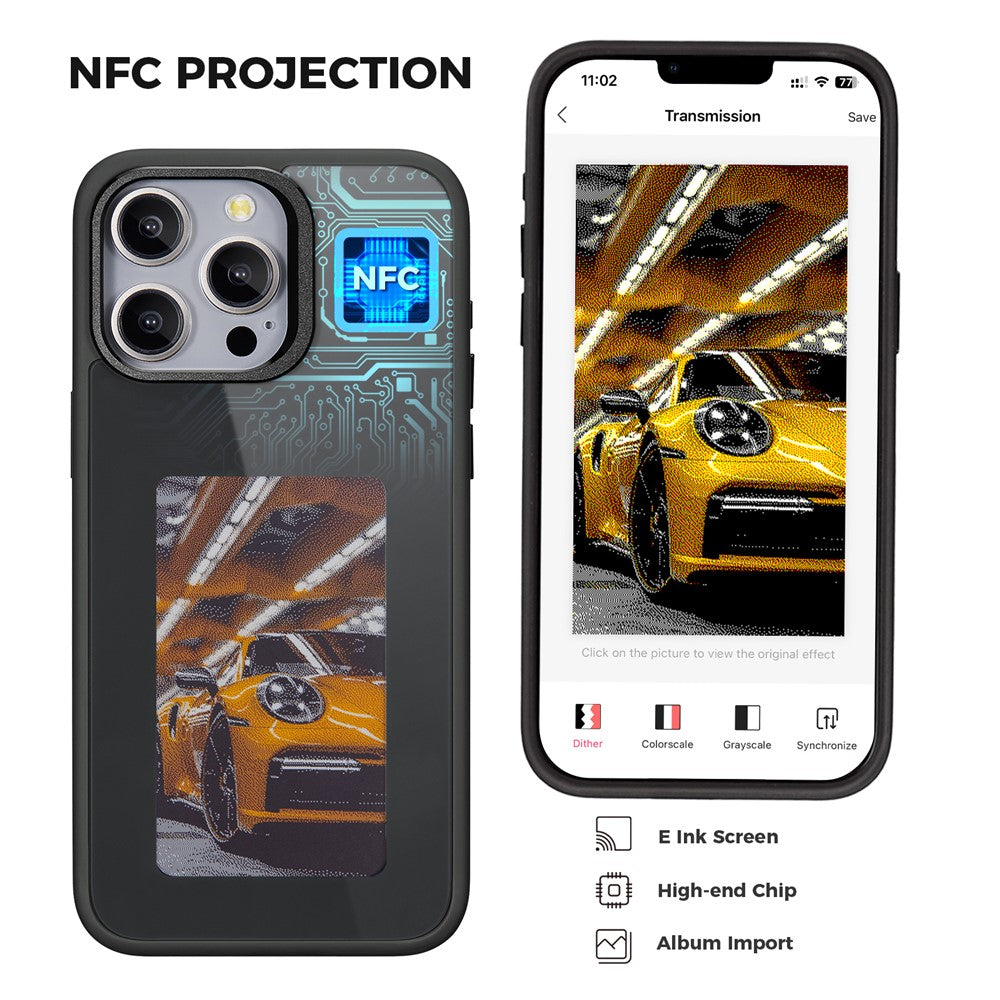 Funda E-Ink para iPhone 13 Pro Max con pantalla personalizable mediante proyección NFC de 4 colores