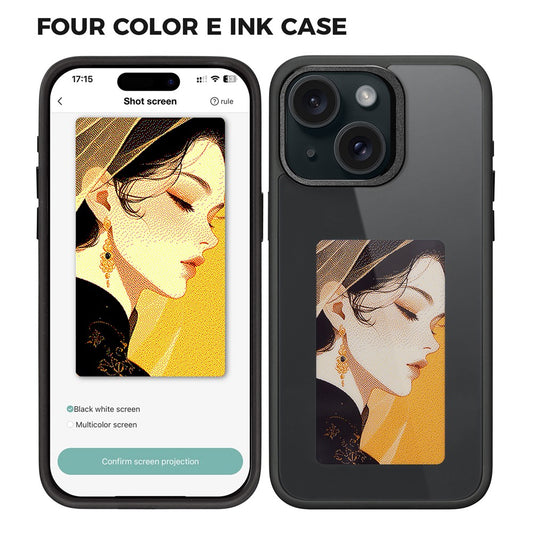 Funda E-Ink para iPhone 15 con pantalla personalizable mediante proyección NFC de 4 colores