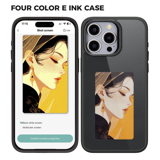 Funda E-Ink para iPhone 15 Pro con pantalla personalizable mediante proyección NFC de 4 colores