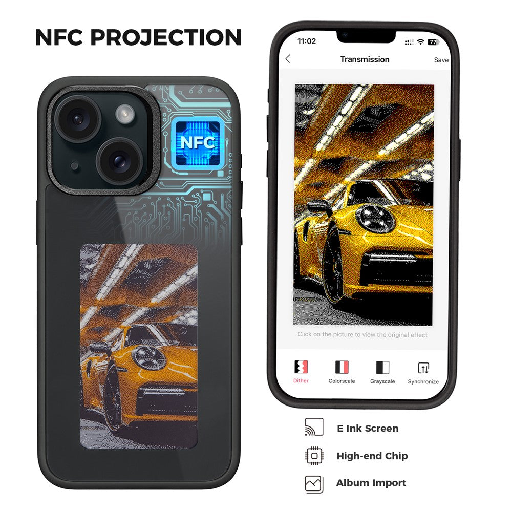 Funda E-Ink para iPhone 13 y 14 con pantalla personalizable mediante proyección NFC de 4 colores