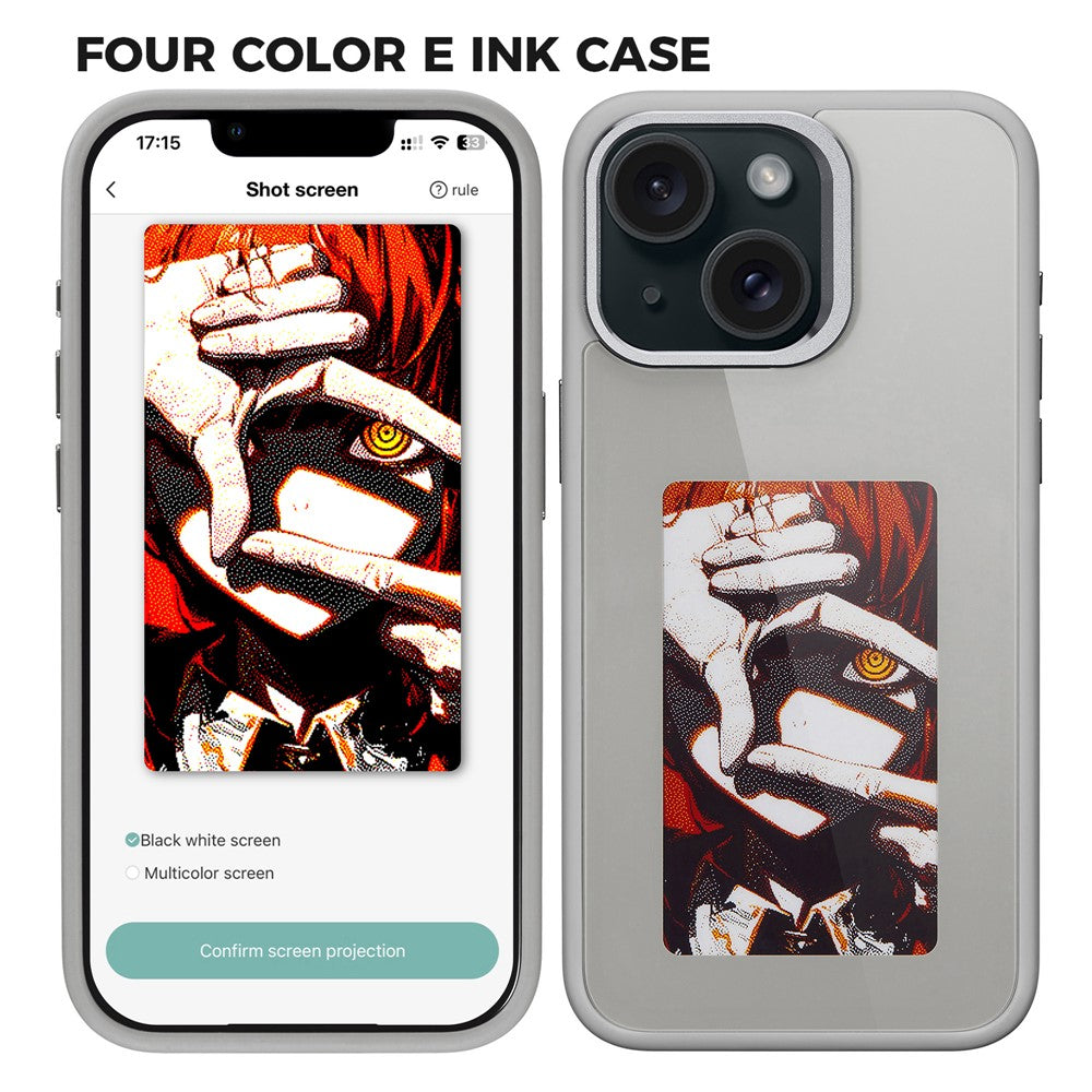 Funda E-Ink para iPhone 13 y 14 con pantalla personalizable mediante proyección NFC de 4 colores