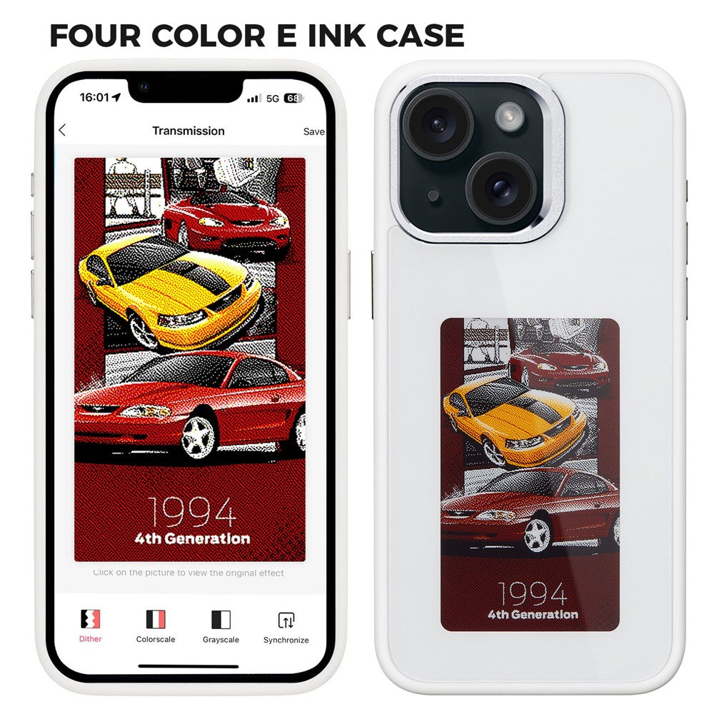 Funda E-Ink para iPhone 13 y 14 con pantalla personalizable mediante proyección NFC de 4 colores